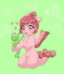 Size: 1920x2216 | Tagged: safe, artist:sugarrrpeach, oc, pegasus, pony, duo, ear piercing, female, floppy ears, green background, image, jpeg, kermit the frog, kneeling, mare, piercing, simple background, spread wings, wings