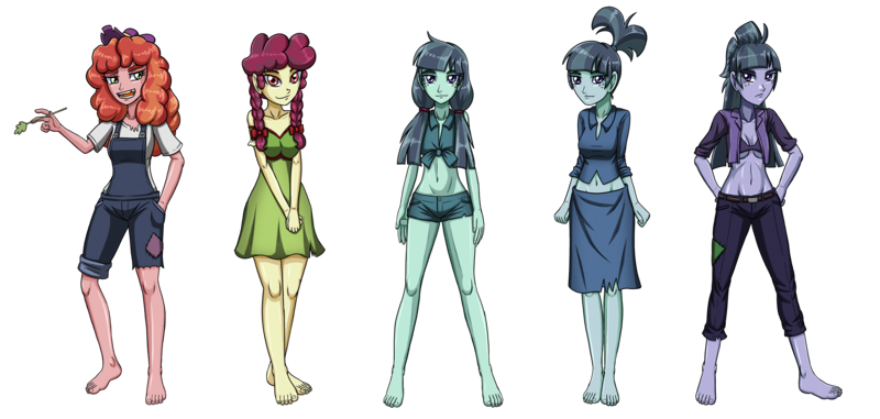 Size: 6885x3276 | Tagged: safe, artist:artemis-polara, derpibooru import, buzzsaw mccolt, crosscut mccolt, hacksaw mccolt, hilly hooffield, tree h. hooffield, equestria girls, the hooffields and mccolts, barefoot, clothes, commission, dress, equestria girls-ified, feet, hat, hooffield family, image, mccolt family, overalls, pants, png, shirt, simple background, skirt, transparent background, vest
