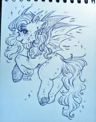 Size: 1920x2437 | Tagged: safe, artist:sugarrrpeach, oc, unofficial characters only, bat pony, butt, ear fluff, ear piercing, floating, freckles, image, jpeg, looking at you, looking back, looking back at you, photo, piercing, plot, raised leg, traditional art