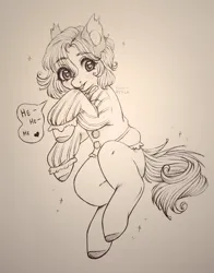 Size: 1600x2038 | Tagged: safe, artist:sugarrrpeach, oc, unofficial characters only, pony, clothes, colored hooves, female, giggling, image, jpeg, looking at you, mare, monochrome, photo, signature, simple background, traditional art, yellow background
