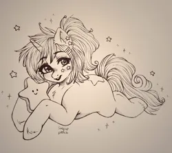 Size: 1600x1426 | Tagged: safe, artist:sugarrrpeach, oc, unofficial characters only, pony, unicorn, ear piercing, female, freckles, image, jpeg, looking at you, mare, photo, piercing, prone, simple background, solo, stars, traditional art, unshorn fetlocks, white background