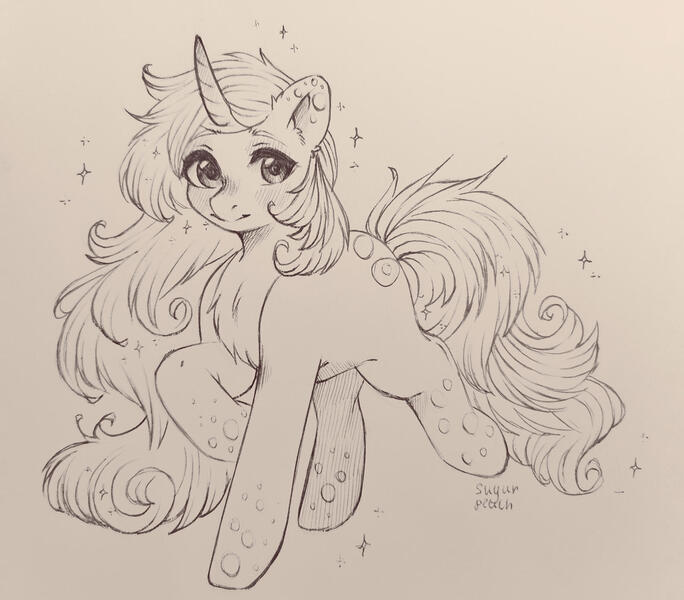 Size: 1600x1404 | Tagged: safe, artist:sugarrrpeach, oc, unofficial characters only, pony, unicorn, black and white, curved horn, female, grayscale, horn, image, jpeg, looking at you, mare, monochrome, photo, raised hoof, raised leg, signature, simple background, solo, traditional art, white background