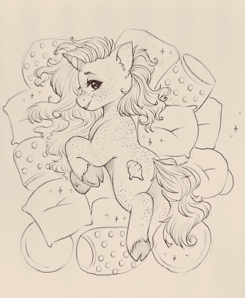 Size: 1600x1945 | Tagged: safe, artist:sugarrrpeach, oc, oc:honey pie, unofficial characters only, pony, unicorn, cloven hooves, female, freckles, image, jpeg, looking at you, looking back, looking back at you, mare, pillow, prone, solo, underhoof