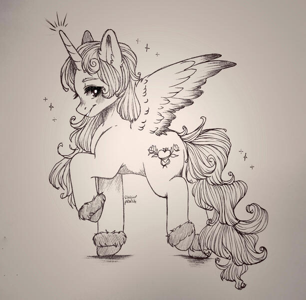 Size: 1600x1566 | Tagged: safe, artist:sugarrrpeach, oc, unofficial characters only, alicorn, pony, alicorn oc, black and white, clothes, grayscale, horn, image, jpeg, looking at you, looking back, looking back at you, monochrome, raised leg, shoes, signature, simple background, spread wings, traditional art, white background, wings