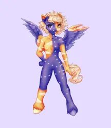 Size: 3450x4000 | Tagged: safe, artist:sugarrrpeach, oc, unofficial characters only, anthro, original species, pegasus, unguligrade anthro, barbie doll anatomy, blue background, female, image, looking at you, png, simple background, sky, smiling, spread wings, unshorn fetlocks, wings