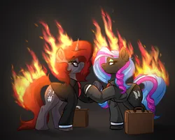 Size: 2872x2312 | Tagged: safe, artist:witchtaunter, derpibooru import, oc, oc:lost, oc:obabscribbler, earth pony, pony, unicorn, black background, briefcase, chest fluff, clothes, commission, ear fluff, female, fire, glasses, hoofshake, image, lidded eyes, mare, on fire, png, simple background, standing, suit