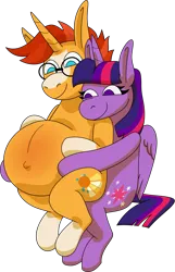 Size: 1370x2127 | Tagged: suggestive, anonymous artist, derpibooru import, sunburst, twilight sparkle, twilight sparkle (alicorn), alicorn, pony, unicorn, belly, big belly, commission, commissioner:reversalmushroom, female, image, male, male pregnancy, parent:sunburst, parent:twilight sparkle, png, pregnant, shipping, simple background, stallion, straight, transparent background, twiburst