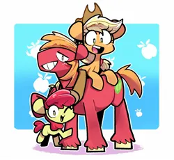 Size: 1472x1355 | Tagged: safe, artist:sourspot, derpibooru import, apple bloom, applejack, big macintosh, earth pony, pony, adorabloom, apple bloom's bow, apple siblings, apple sisters, applejack's hat, big macintosh's yoke, bow, brother and sister, cowboy hat, cute, female, hair bow, hat, horse collar, image, jpeg, male, one eye closed, open mouth, siblings, sisters, smiling, stetson, trio, wink