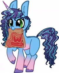 Size: 847x1048 | Tagged: safe, artist:nootaz, derpibooru import, pony, unicorn, g5, bag, fast food, food, happy, image, jpeg, misty brightdawn, mouth hold, paper bag, simple background, smiling, solo, weinersnitchel, white background