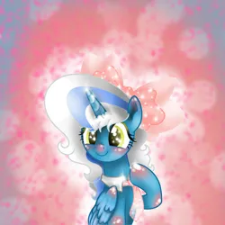 Size: 894x894 | Tagged: safe, artist:tiniflour10, derpibooru import, oc, oc:fleurbelle, unofficial characters only, alicorn, pony, alicorn oc, ascot, bow, cute, female, gift art, hair bow, horn, image, mare, pink background, png, shiny, simple background, solo, solo female, wings