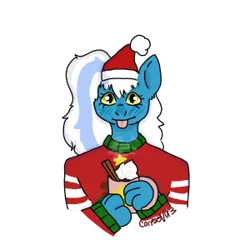 Size: 300x300 | Tagged: safe, artist:und3adrat, derpibooru import, oc, oc:fleurbelle, unofficial characters only, pony, semi-anthro, :p, blushing, christmas, cinnamon, clothes, cup, female, food, hat, holiday, image, mare, png, santa hat, simple background, solo, sweater, tongue out, transparent background, whipped cream, yellow eyes