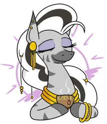 Size: 856x995 | Tagged: safe, artist:jargon scott, derpibooru import, oc, oc:matriarch zeg'us, unofficial characters only, pony, zebra, bracelet, cup, ear piercing, earring, eyes closed, female, image, jewelry, jpeg, mare, neck rings, piercing, simple background, smiling, solo, teabag, teacup, white background, zebra oc
