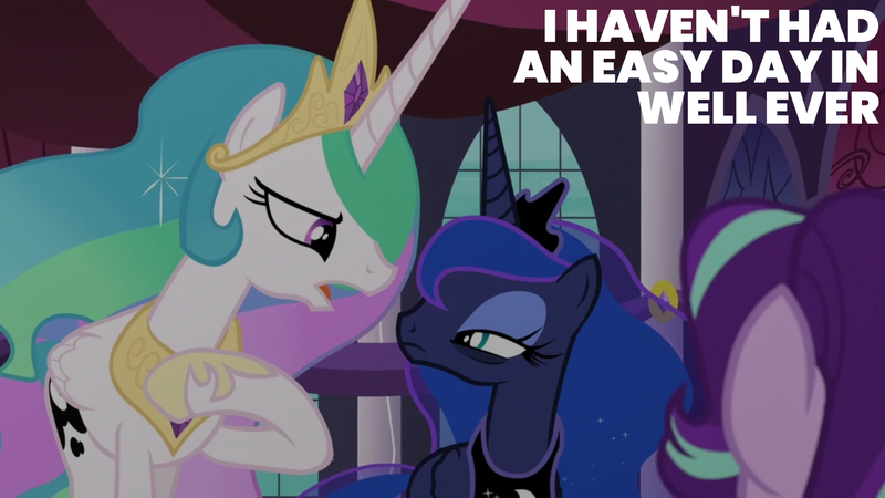 Size: 1920x1080 | Tagged: safe, derpibooru import, edit, edited screencap, editor:quoterific, screencap, princess celestia, princess luna, starlight glimmer, alicorn, pony, unicorn, a royal problem, crown, image, jewelry, looking at each other, looking at someone, png, regalia, trio