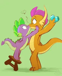 Size: 836x1024 | Tagged: safe, artist:elicitie, derpibooru import, smolder, spike, dragon, accidental kiss, cute, dragoness, duo, female, floating heart, gem, green background, heart, height difference, image, jpeg, kissing, male, shipping, simple background, smooch, spolder, stool, straight, surprised, winged spike, wings