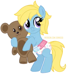 Size: 800x884 | Tagged: safe, artist:jennieoo, derpibooru import, oc, oc:cream, bear, earth pony, pony, cute, diaper, gift art, hug, image, patreon, patreon reward, png, show accurate, simple background, sketch, solo, toy, toy bear, transparent background