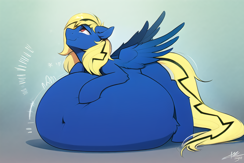 Size: 3072x2048 | Tagged: suggestive, derpibooru import, machine learning generated, oc, oc:thunder lightning, unofficial characters only, pegasus, pony, belly, belly bed, belly button, big belly, huge belly, image, impossibly large belly, motion lines, pegasus oc, png, signature, spread wings, vore, wiggling, wings