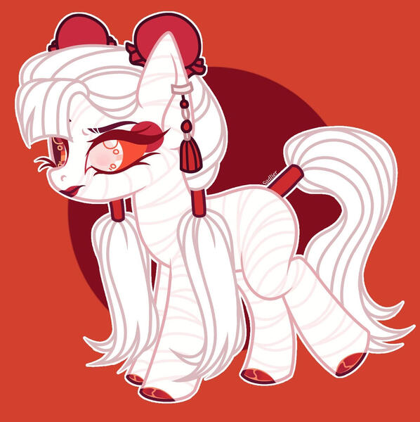 Size: 1024x1027 | Tagged: safe, artist:justsadluna, derpibooru import, oc, unofficial characters only, earth pony, pony, earth pony oc, hoof polish, image, jpeg, mummy, red background, simple background, tail, tail wrap