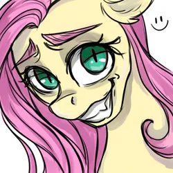 Size: 512x512 | Tagged: safe, artist:serzjikfainyi, derpibooru import, fluttershy, pony, bust, creepy, creepy smile, female, image, looking at you, mare, png, simple background, smiley face, smiling, solo, white background