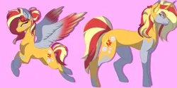 Size: 1124x564 | Tagged: safe, artist:brybrychan, derpibooru import, derpy hooves, sunset shimmer, pegasus, pony, unicorn, clothes, coat markings, eyes closed, female, flying, fusion, image, mare, pink background, png, simple background, smiling, socks, socks (coat marking), wings
