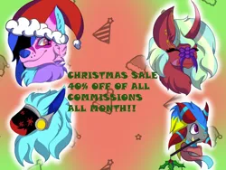 Size: 1280x960 | Tagged: safe, artist:brybrychan, derpibooru import, oc, cyborg, pony, unicorn, wolf, advertisement, christmas, commission info, curved horn, female, hat, holiday, horn, image, mare, png, protogen, santa hat, unicorn oc