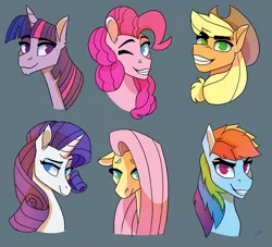 Size: 2200x2000 | Tagged: safe, artist:tooneychaos, derpibooru import, applejack, fluttershy, pinkie pie, rainbow dash, rarity, twilight sparkle, earth pony, pegasus, pony, unicorn, blue background, bust, female, floppy ears, grin, image, mane six, mare, png, simple background, smiling