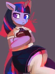 Size: 804x1080 | Tagged: safe, artist:cherivinca, derpibooru import, twilight sparkle, semi-anthro, unicorn, :<, blushing, book, clothes, crossed arms, frown, image, jpeg, looking at you, skirt, socks, solo, thigh highs, unamused
