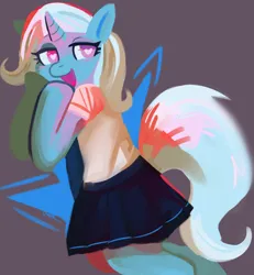 Size: 996x1080 | Tagged: safe, artist:cherivinca, derpibooru import, trixie, semi-anthro, unicorn, clothes, heart, heart eyes, image, jpeg, lidded eyes, looking at you, looking back, looking back at you, open mouth, open smile, skirt, smiling, solo, wingding eyes