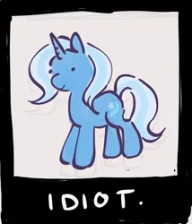 Size: 738x864 | Tagged: safe, artist:mapleeheart, derpibooru import, trixie, pony, unicorn, chibi, cropped, gray background, idiot, image, png, simple background, solo, text