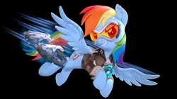 Size: 3840x2160 | Tagged: safe, artist:owlpirate, derpibooru import, rainbow dash, pegasus, pony, 3d, 4k, black background, bomber jacket, clothes, female, flying, goggles, grin, gun, handgun, high res, image, jacket, mare, overwatch, pistol, png, rainbow tracer, simple background, smiling, source filmmaker, spread wings, tracer, weapon, wings