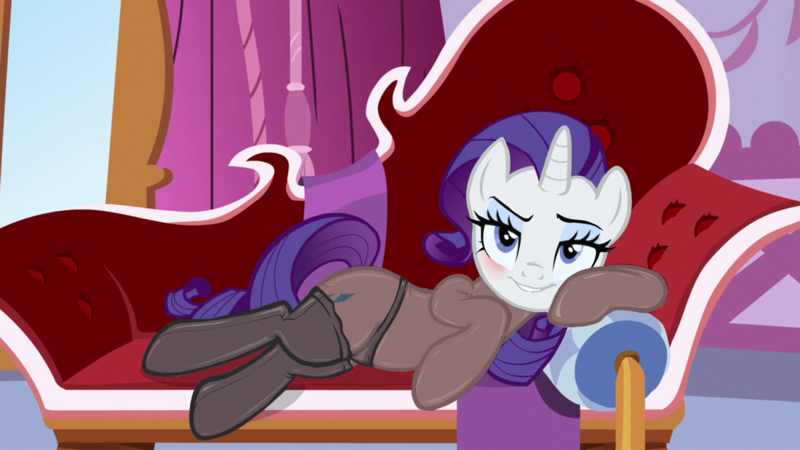 Size: 1280x720 | Tagged: suggestive, edit, edited screencap, editor:anonymous, screencap, rarity, pony, unicorn, ppov, season 6, /mlp/ latex requests, bedroom eyes, blue eyes, blue eyeshadow, blushing, clothes, couch, eyeshadow, fainting couch, female, image, latex, latex panties, latex stockings, latex suit, leaning, lip bite, looking at you, lying down, makeup, mare, panties, png, purple mane, purple tail, show accurate, side view, solo, solo female, stockings, thigh highs, underwear, white coat