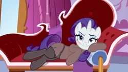 Size: 1280x720 | Tagged: suggestive, edit, edited screencap, editor:anonymous, screencap, rarity, pony, unicorn, ppov, season 6, /mlp/ latex requests, bedroom eyes, blue eyes, blue eyeshadow, blushing, clothes, couch, eyeshadow, fainting couch, female, image, latex, latex panties, latex stockings, latex suit, leaning, lip bite, looking at you, lying down, makeup, mare, panties, png, purple mane, purple tail, show accurate, side view, solo, solo female, stockings, thigh highs, underwear, white coat