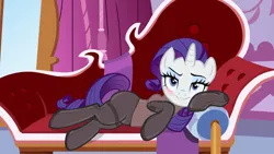 Size: 1280x720 | Tagged: suggestive, alternate version, edit, edited screencap, editor:anonymous, screencap, rarity, pony, unicorn, ppov, season 6, /mlp/ latex requests, bedroom eyes, blue eyes, blue eyeshadow, blushing, clothes, couch, evening gloves, eyeshadow, fainting couch, female, gloves, image, latex, latex gloves, latex leggings, latex suit, leaning, leggings, lip bite, long gloves, looking at you, lying down, makeup, mare, png, purple mane, purple tail, show accurate, side view, solo, solo female, white coat
