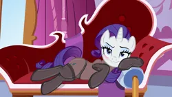Size: 1280x720 | Tagged: suggestive, alternate version, edit, edited screencap, editor:anonymous, screencap, rarity, pony, unicorn, ppov, season 6, /mlp/ latex requests, bedroom eyes, blue eyes, blue eyeshadow, blushing, clothes, couch, evening gloves, eyeshadow, fainting couch, female, gloves, image, latex, latex gloves, latex panties, latex stockings, latex suit, leaning, lip bite, long gloves, looking at you, lying down, makeup, mare, panties, png, purple mane, purple tail, show accurate, side view, solo, solo female, stockings, thigh highs, underwear, white coat