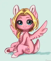 Size: 2421x2874 | Tagged: safe, artist:miokomata, derpibooru import, oc, oc:mio, unofficial characters only, chest fluff, chibi, freckles, image, jpeg, looking at you, smiling, solo, spread wings, wings