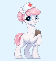 Size: 2800x3080 | Tagged: safe, artist:aquaticvibes, derpibooru import, nurse redheart, earth pony, pony, blue background, clipboard, cute, cyan background, female, hair bun, hat, heartabetes, image, mare, nurse hat, png, simple background, smiling, solo