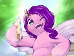 Size: 2194x1668 | Tagged: safe, artist:kurogewapony, derpibooru import, pipp petals, pegasus, pony, female, g5, hoof hold, image, lens flare, looking at you, mare, mobile phone, one eye closed, open mouth, open smile, phone, png, smartphone, smiling, smiling at you, solo, wink, winking at you