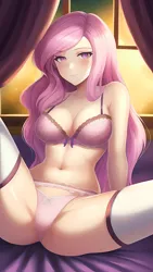 Size: 864x1536 | Tagged: suggestive, derpibooru import, editor:sammykun, machine learning generated, novelai, stable diffusion, fleur-de-lis, human, bed, bra, breasts, bust, busty fleur-de-lis, clothes, curtains, female, humanized, image, jpeg, legwear, lingerie, looking at you, midriff, panties, pink hair, pink underwear, reasonably sized breasts, sexy, solo, solo female, spread legs, spreading, underwear, window