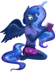 Size: 786x1017 | Tagged: dead source, safe, artist:theshadowstone, derpibooru import, princess luna, alicorn, anthro, pony, unguligrade anthro, book, clothes, cyan eyes, ethereal mane, ethereal tail, female, glow, glowing horn, highlights, holding, horn, image, kneeling, long horn, mare, midriff, pants, png, print, reading, shading, shirt, shorts, simple background, spread wings, starry mane, starry tail, t-shirt, tail, transparent background, turquoise eyes, vector, wings