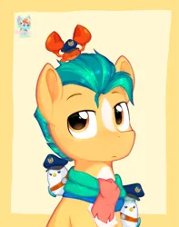 Size: 1015x1285 | Tagged: safe, artist:rainbow eevee, derpibooru import, hitch trailblazer, bird, crab, earth pony, my little pony: tell your tale, badge, brown eyes, chest fluff, clothes, coat markings, critter magnet, cute, eyebrows, frown, g5, hat, hitch trailblazer is not amused, image, lidded eyes, looking at you, male, mcsnips-a-lot, orange coat, png, police hat, scarf, simple background, solo, two toned mane, unamused