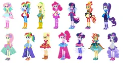 Size: 1280x687 | Tagged: safe, derpibooru import, applejack, fluttershy, pinkie pie, rainbow dash, rarity, sci-twi, sunset shimmer, twilight sparkle, human, equestria girls, legend of everfree, boots, clothes, cowboy boots, crystal guardian, female, high heel boots, humane five, humane seven, humane six, image, jpeg, missing accessory, no glasses, ponied up, shoes, simple background, solo, white background