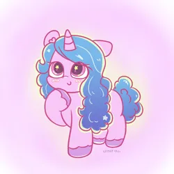 Size: 2048x2048 | Tagged: safe, artist:limitmj, derpibooru import, izzy moonbow, pony, unicorn, my little pony: tell your tale, spoiler:g5, spoiler:my little pony: tell your tale, spoiler:tyts01e43, bridlewood spog, chibi, cute, female, g5, glow, glowing hair, glowing mane, glowing tail, gradient background, hoof on chin, image, izzybetes, mare, png, smiling, solo, starry eyes, tail, wingding eyes