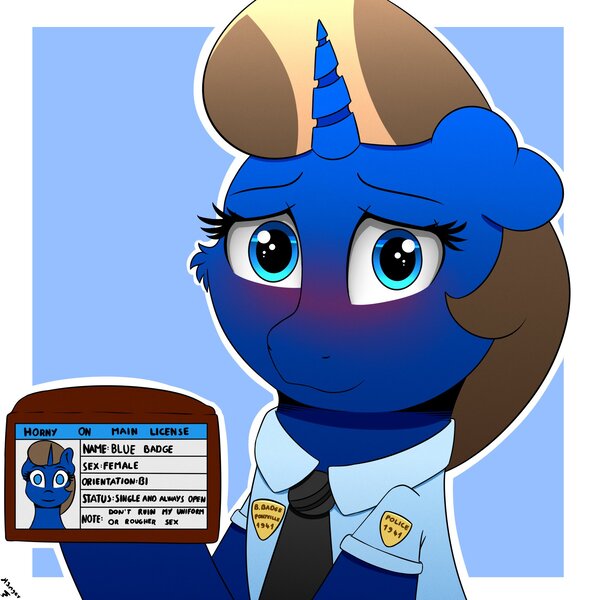 Size: 2000x2000 | Tagged: suggestive, artist:h3nger, derpibooru import, oc, unofficial characters only, pony, unicorn, blushing, clothes, female, horn, horny on main, image, jpeg, mare, police officer, police uniform, solo, unicorn oc