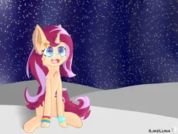 Size: 4000x3000 | Tagged: safe, artist:ilikeluna, derpibooru import, oc, oc:amber spark, unofficial characters only, pony, unicorn, birthday gift, colored pupils, dog lip, flower, flower in hair, glasses, image, jpeg, sitting, solo, wristband