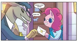 Size: 759x414 | Tagged: safe, derpibooru import, idw, discord, pinkie pie, draconequus, earth pony, pony, breaking the fourth wall, comic, fourth wall, glasses, image, letter, little fillies, mail, mailman, mailpony, png