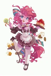 Size: 2785x4096 | Tagged: safe, artist:saxopi, derpibooru import, pinkie pie, earth pony, semi-anthro, apron, bow, cake, candy, candy cane, clothes, cookie, cupcake, dress, food, image, jpeg, lollipop, shoes, socks, solo, thigh highs
