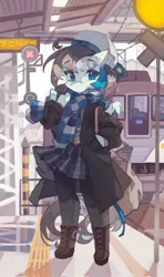 Size: 1215x2048 | Tagged: safe, artist:saxopi, derpibooru import, oc, unofficial characters only, semi-anthro, bag, boots, clothes, coat, hat, image, jpeg, leggings, miniskirt, scarf, shoes, shoulder bag, skirt, solo, train, train station