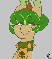 Size: 1063x1197 | Tagged: safe, artist:pagophasia, derpibooru import, oc, oc:hortis culture, unofficial characters only, hybrid, pony, bust, collar, derpibooru exclusive, ear tufts, glasses, gray background, horns, image, leaf, looking sideways, ms paint, nonbinary, png, round glasses, simple background, smiling, solo