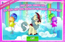 Size: 1965x1300 | Tagged: safe, derpibooru import, official, unnamed character, kirin, advertisement, background character, background kirin, balloon, cloven hooves, english, female, gameloft, horn, image, jpeg, mobile game, my little pony: magic princess, numbers, solo, solo focus, text, unnamed kirin