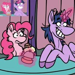 Size: 2048x2048 | Tagged: safe, artist:raspberrylucario, derpibooru import, screencap, pinkie pie, twilight sparkle, twilight sparkle (alicorn), alicorn, earth pony, a trivial pursuit, duo, height difference, image, messy mane, physique difference, png, scene interpretation, screencap reference, sternocleidomastoid, thin, twilynanas