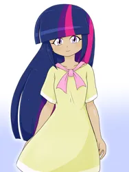 Size: 1668x2224 | Tagged: safe, artist:batipin, derpibooru import, edit, twilight sparkle, human, sweet and elite, birthday dress, clothes, cute, dress, human edit, image, looking at you, png, smiling, smiling at you, solo